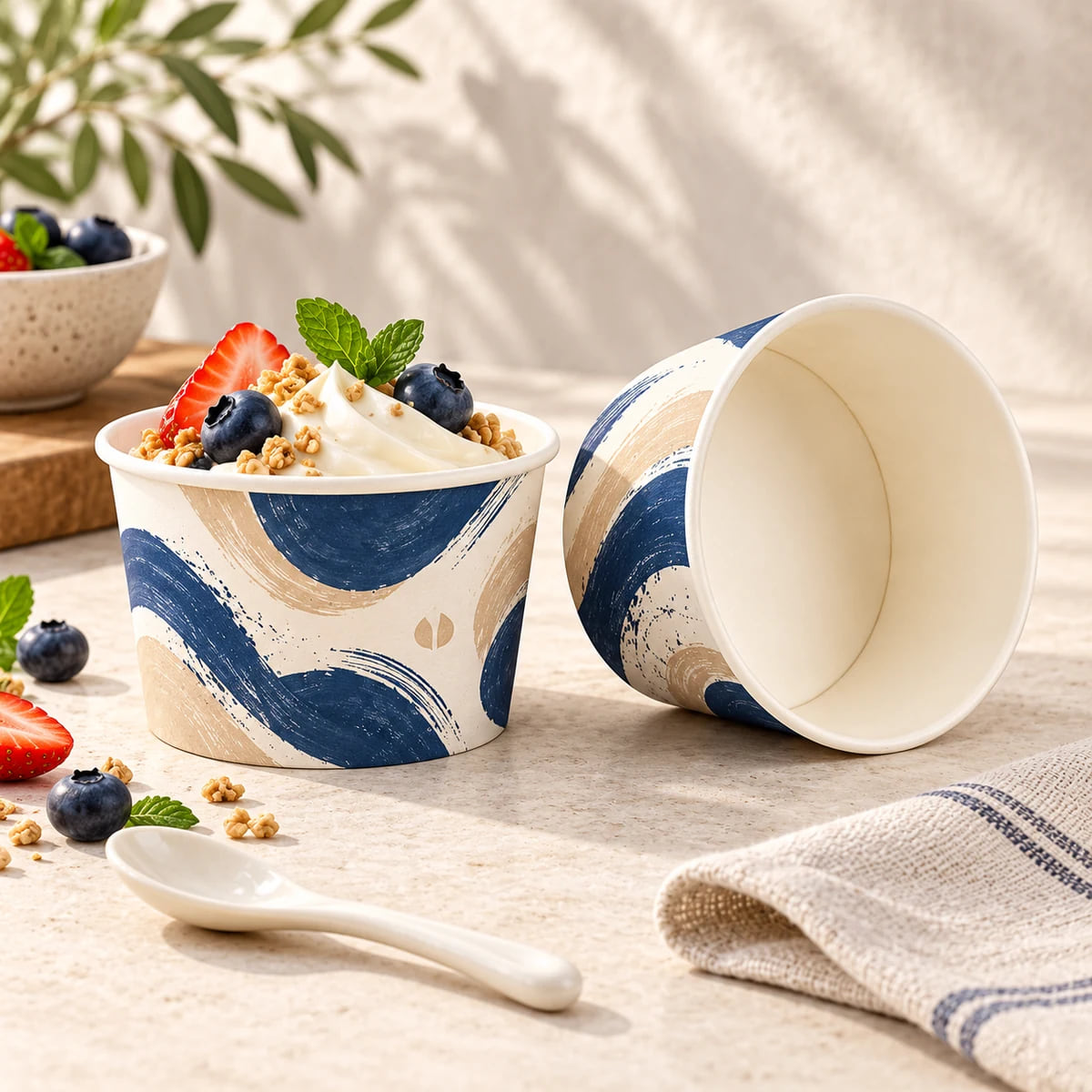 Bols à dessert imprimés en papier — OEM pour marques de yaourts — visuels personnalisés et visualisation de la composition