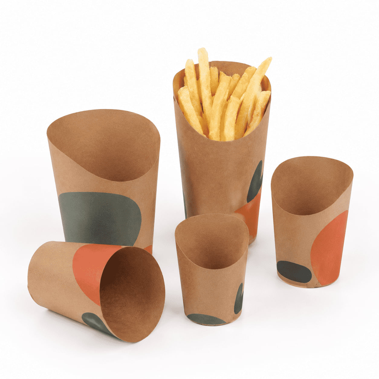 Designreferenz der Produktfamilie „Papier-Pommesbecher“ aus dem bestehenden Fude-Katalog