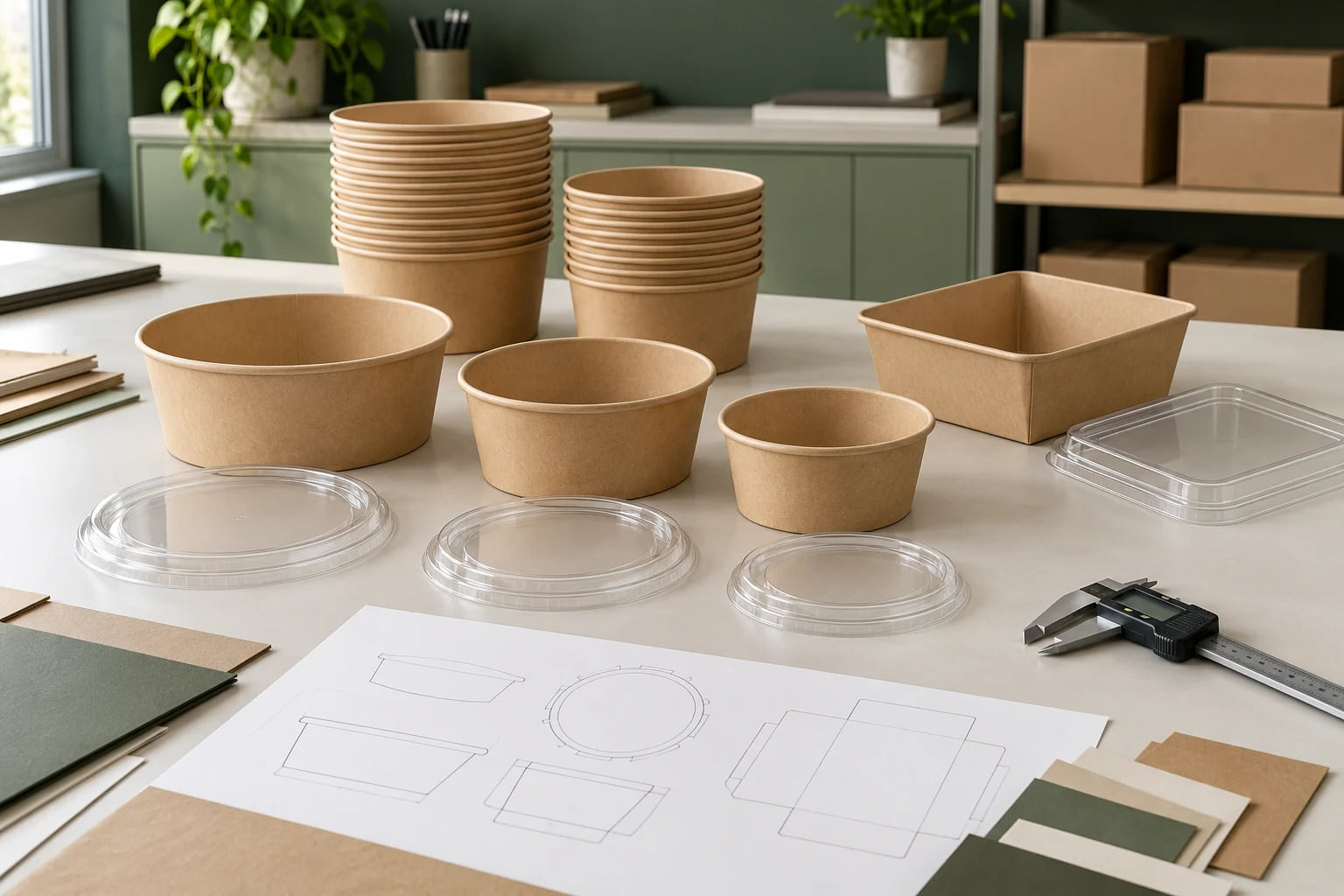 Illustrative paper salad bowl range, matched lids and sample specification sheets