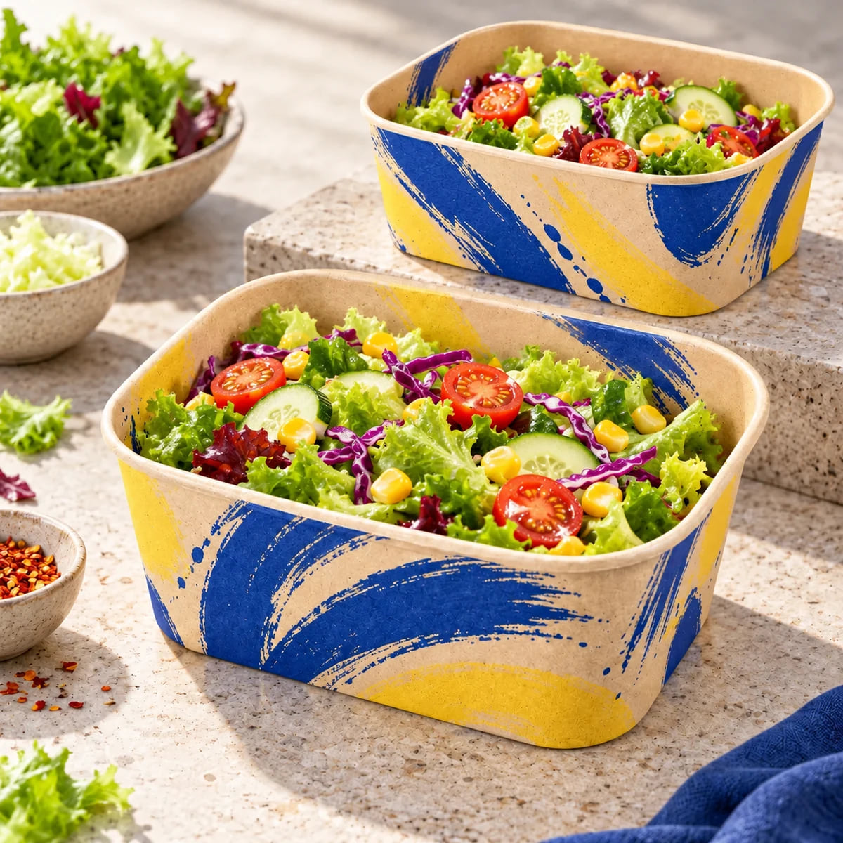 Caixas Personalizadas para Saladas de Acompanhamento — OEM para Redes de Pizzarias — visualização de arte personalizada e composição