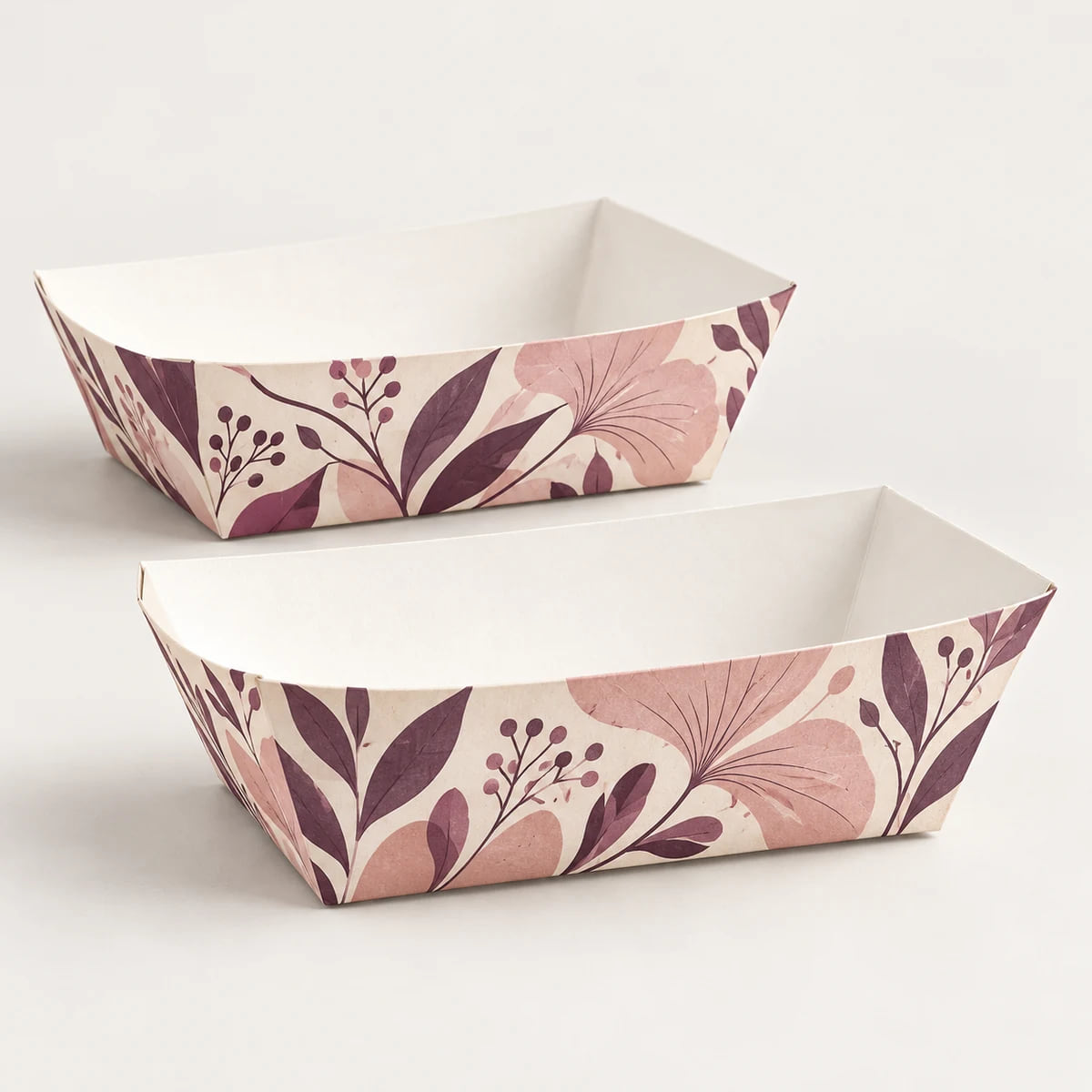 Barquettes alimentaires personnalisées en papier n°1 — fourniture QSR en gros — visuel de composition avec graphisme personnalisé