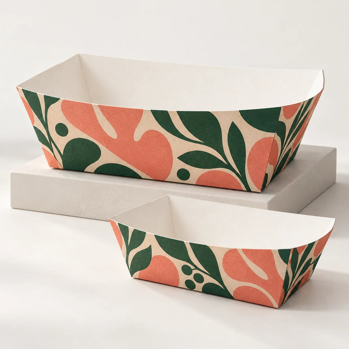 Kompakte Papierschiffchen — Snackverpackung in Großmengen — Visualisierung des individuellen Designs und Aufbaus