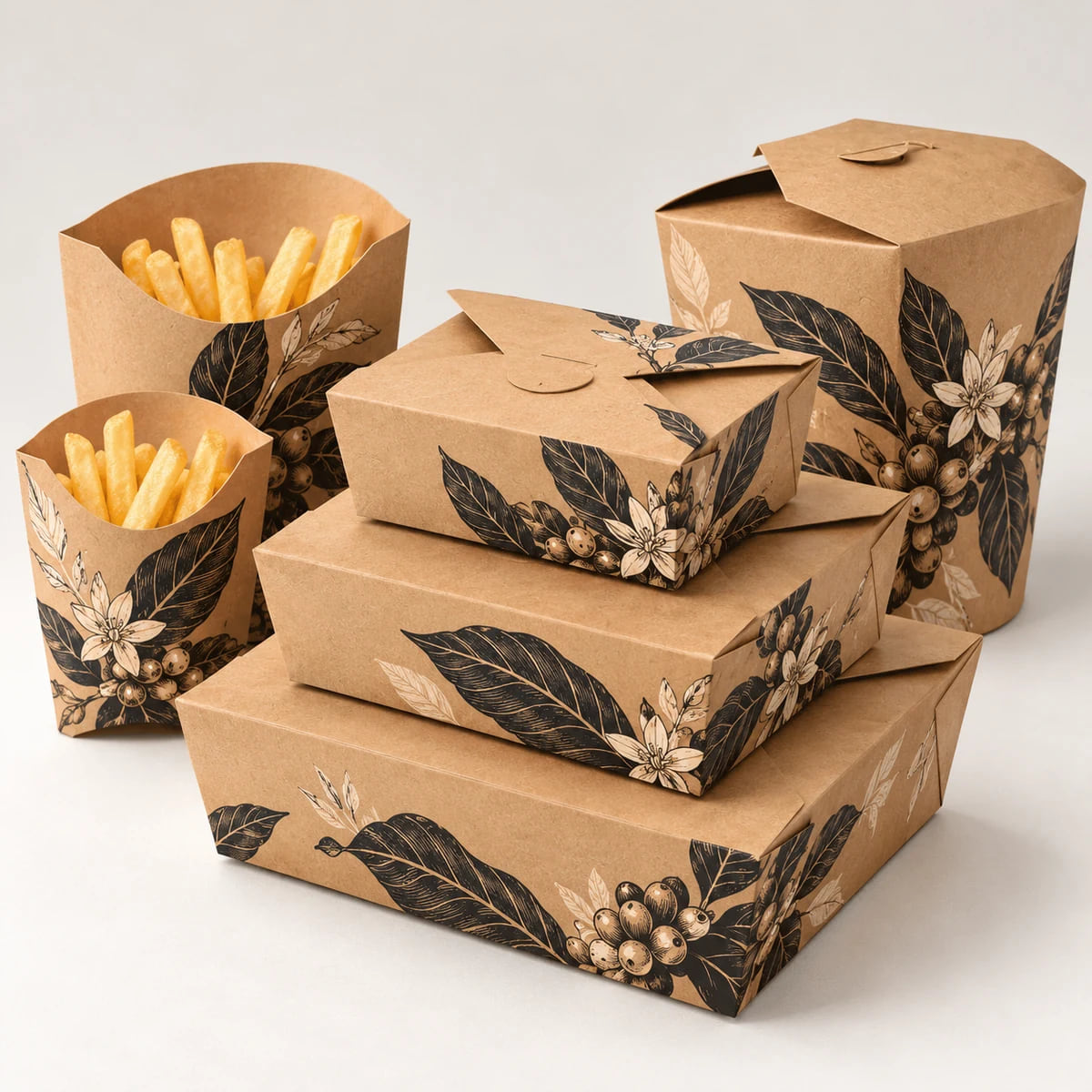 Envases kraft coordinados para alimentos con diseños de marca