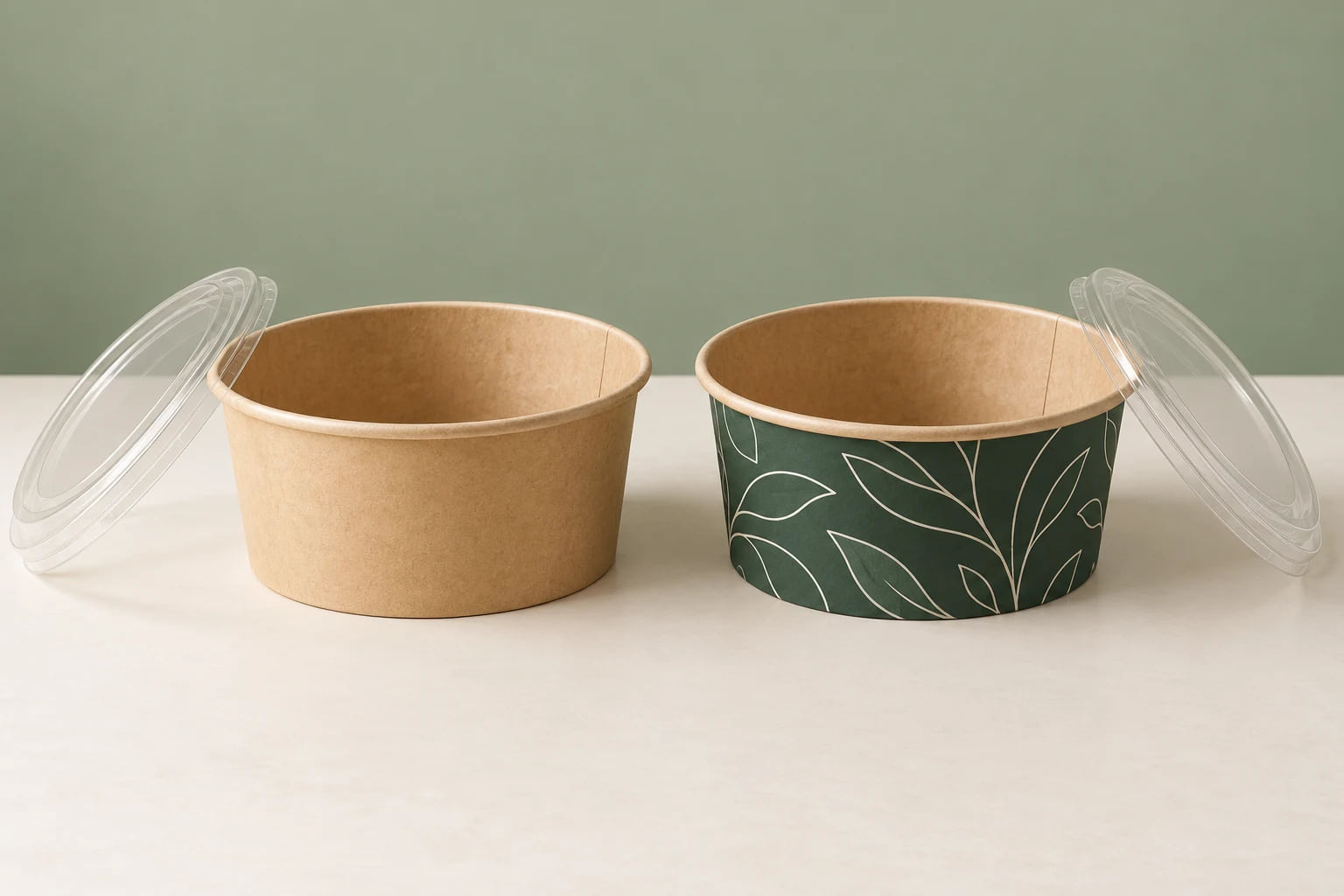 Cuenco de papel kraft natural y cuenco impreso personalizado en verde bosque con tapa
