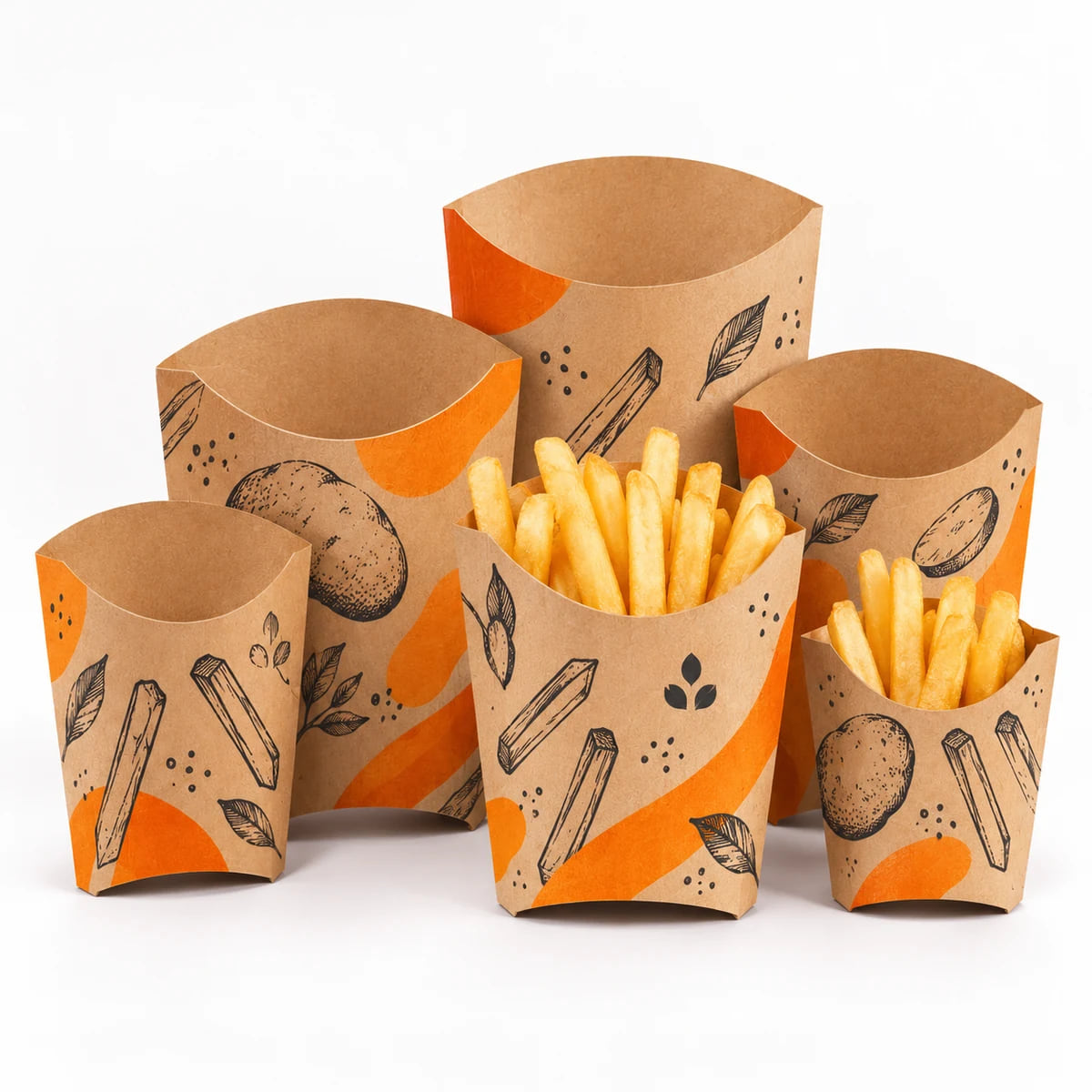 Individuelle Pommesbecher — Großversorgung für QSR-Marken — Visualisierung von Druckmotiven und Verpackungsaufbau