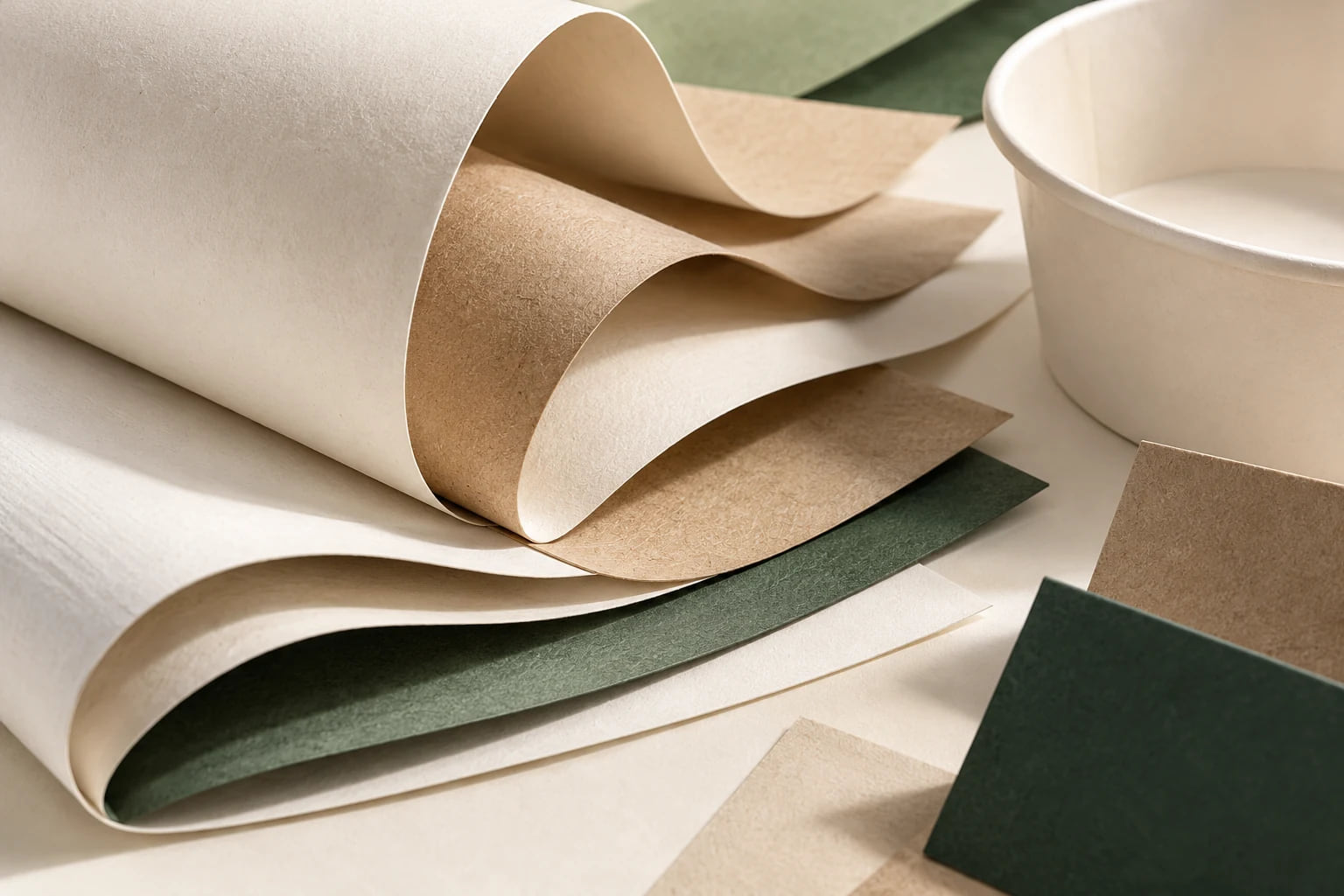 Estudio de materiales de cartón kraft, blanco y verde en capas