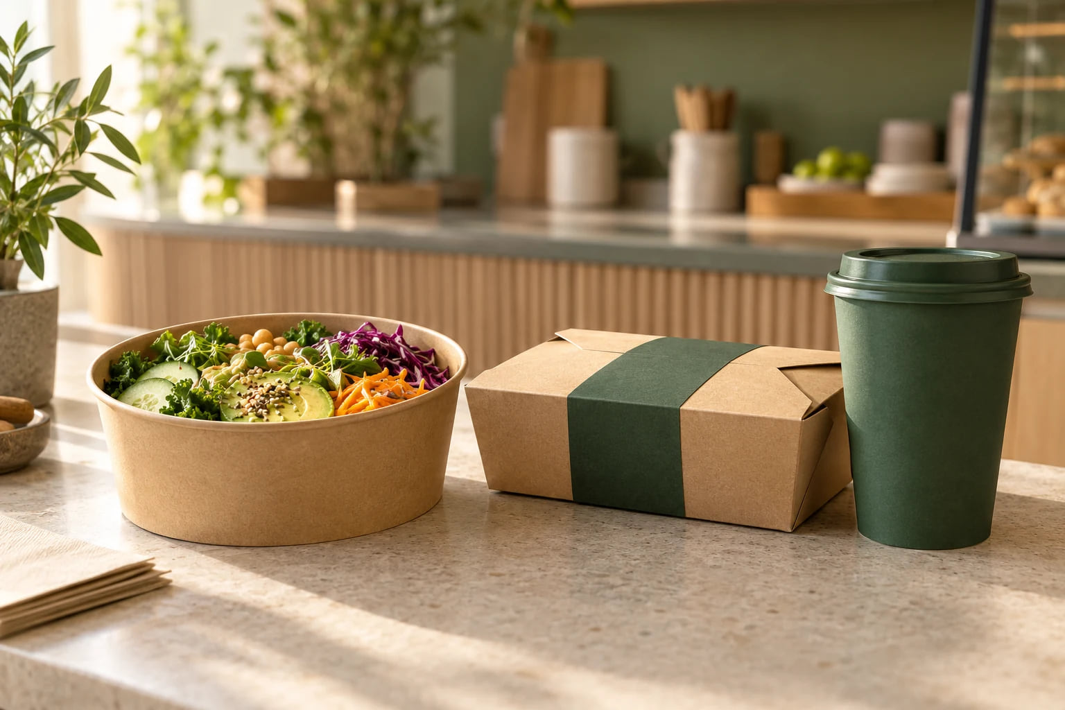 Envases para café y alimentos en la barra de una cafetería