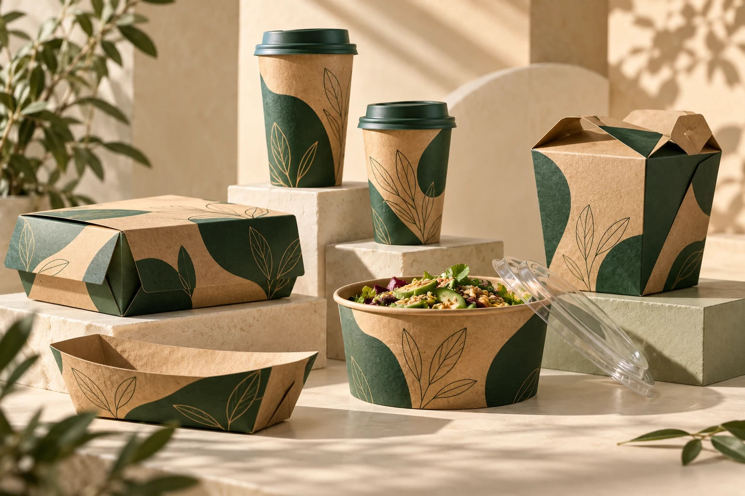 Concepto de envases de papel de marca en verde bosque