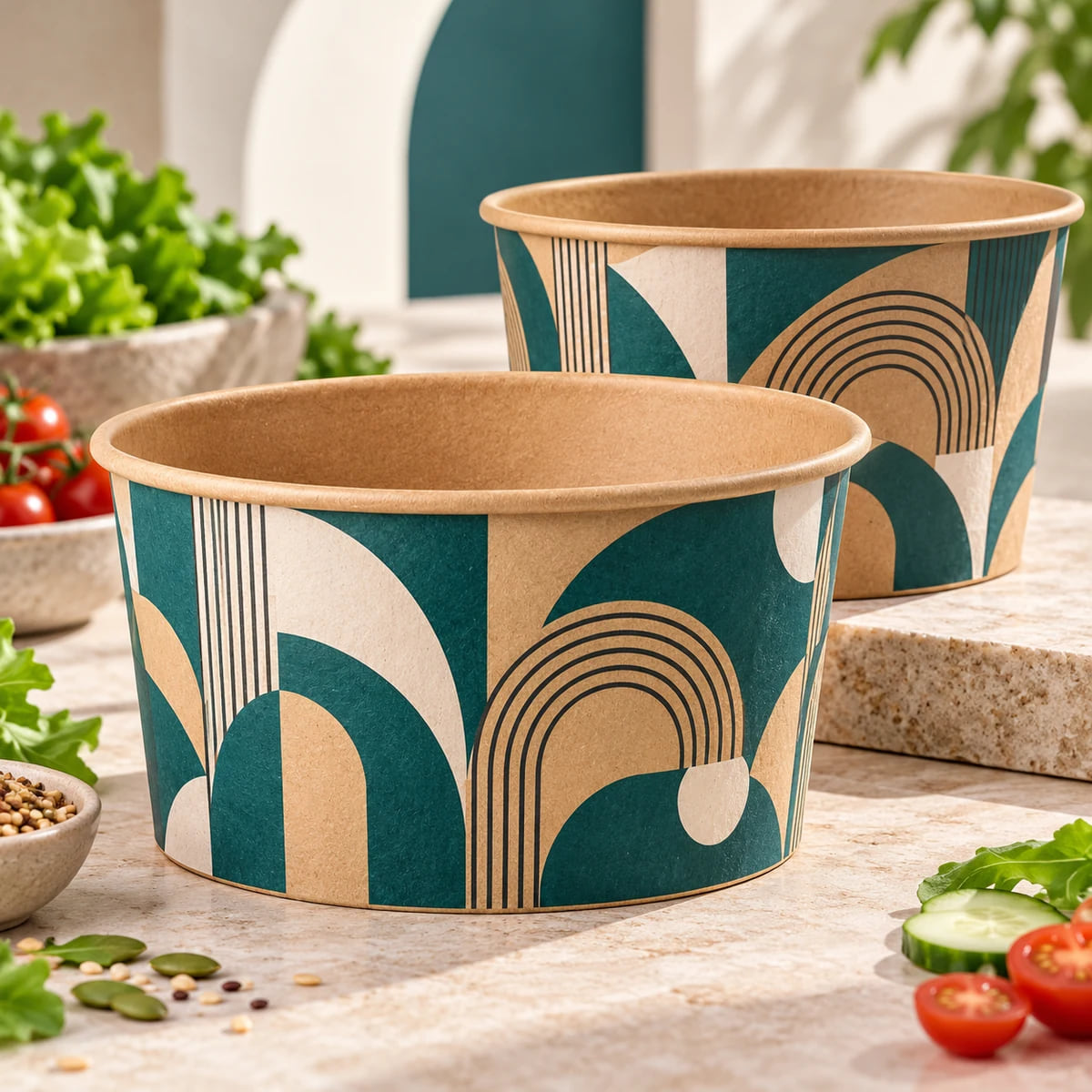 Tô salad kraft tùy chỉnh — OEM cho chuỗi salad — thiết kế tùy chỉnh và hình ảnh minh họa phối cảnh