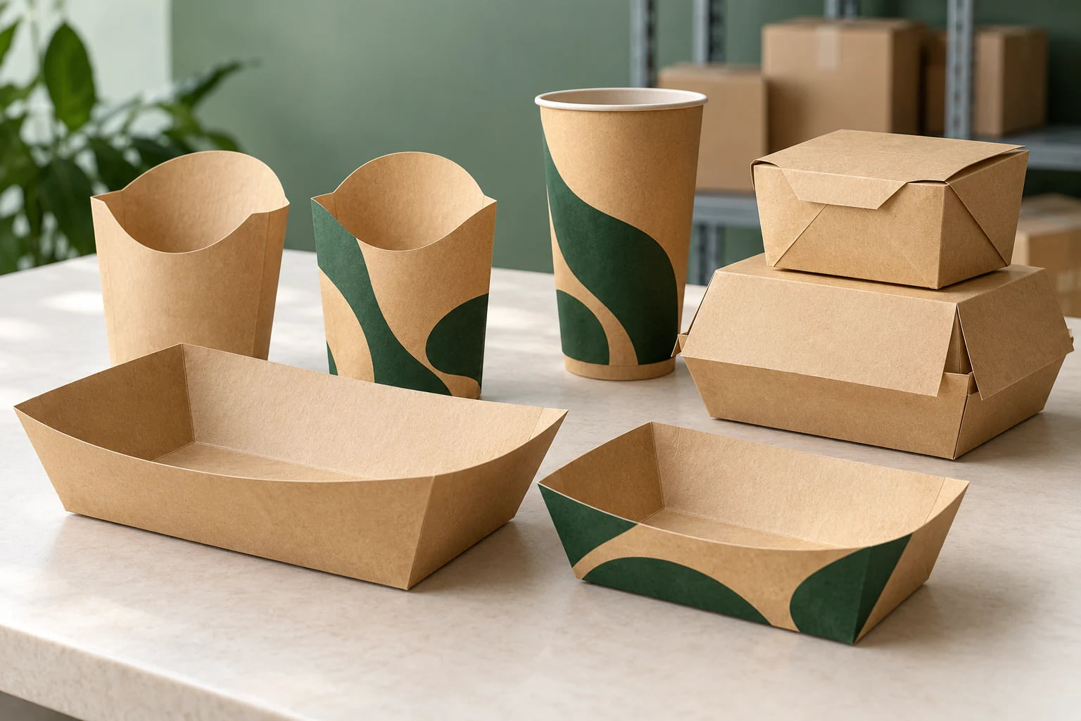 Beispielhafte Papierschiffchen, Pommesbecher und Essensboxen zur Verpackungsauswahl für Quick-Service-Restaurants