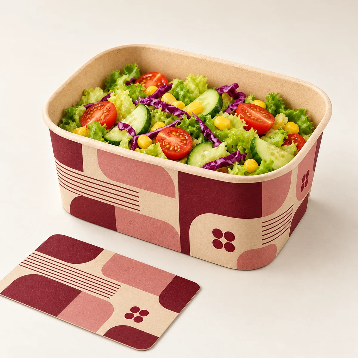 1000ml kundenspezifische quadratische Papiersalatboxen — OEM-Lieferung — Visualisierung von Druckmotiv und Zusammensetzung