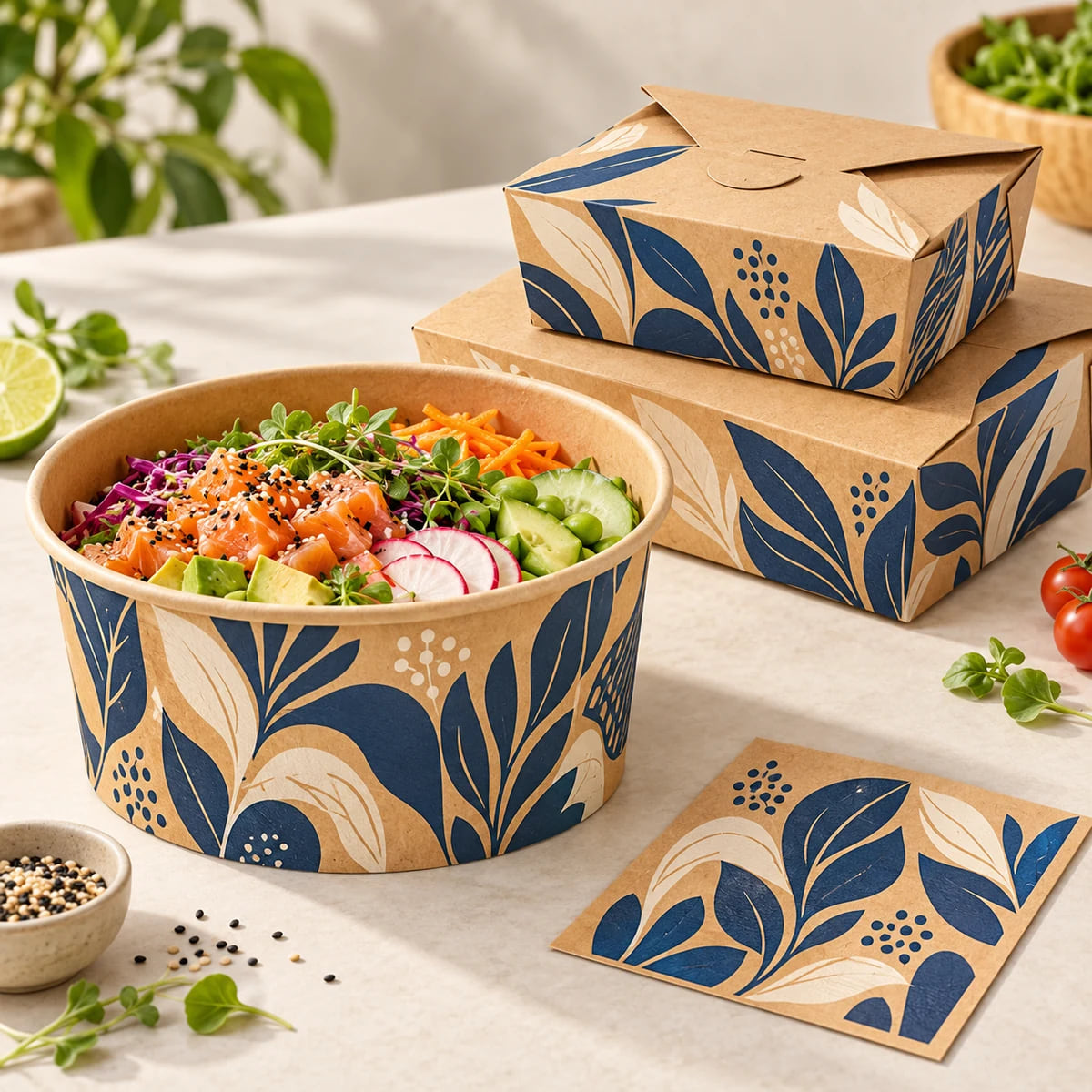 Fournisseur d’emballages pour chaînes de salades et poke — gamme OEM personnalisée — visuels personnalisés et visualisation de la composition