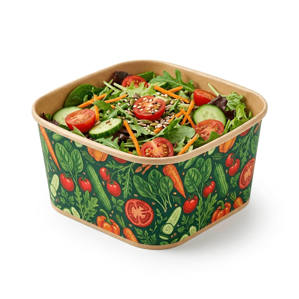 Exemplo de embalagem quadrada de papel para salada