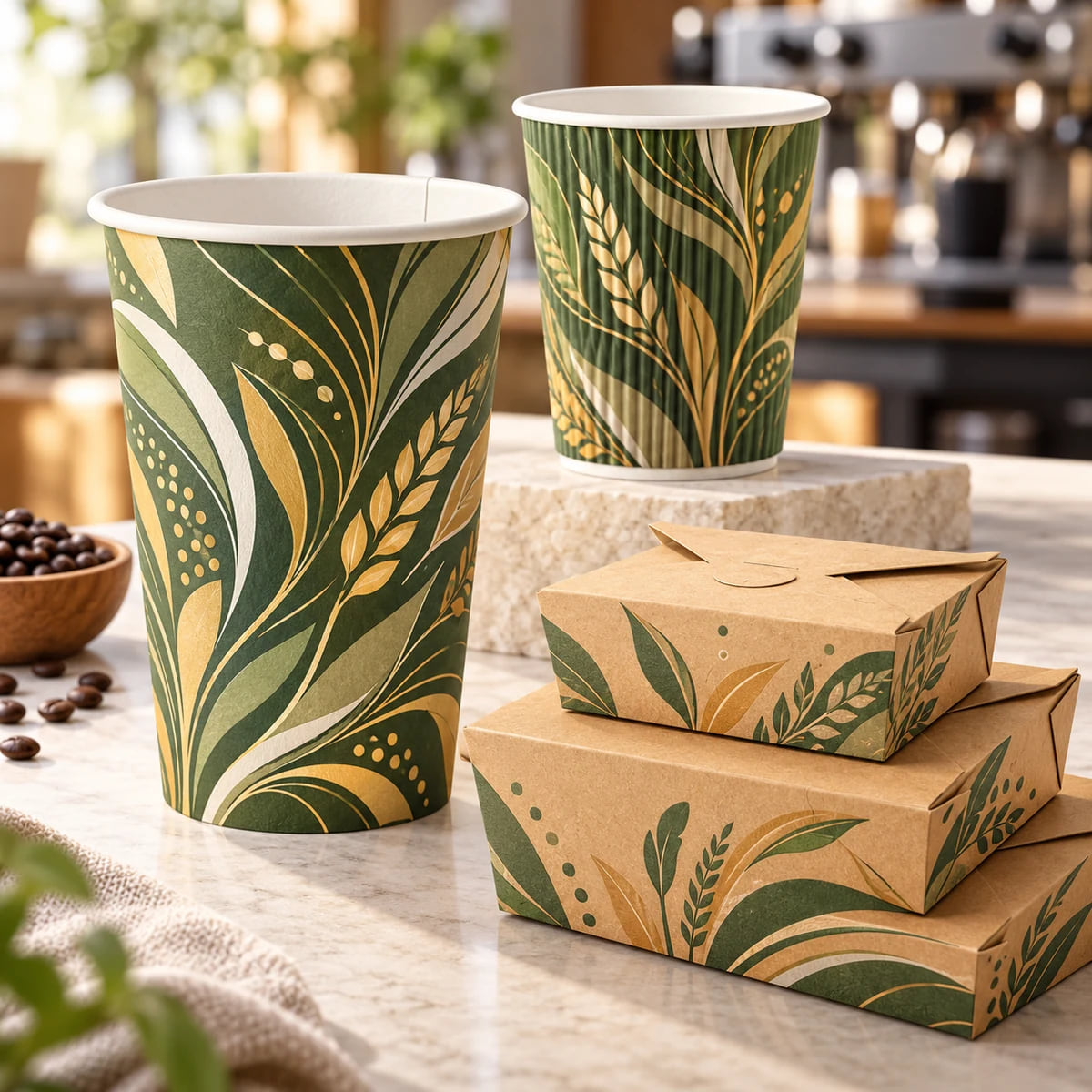 Lieferant für Kaffeekettenverpackungen — individuelle Becher und Essensverpackungen — Visualisierung von Druckmotiven und Verpackungsaufbau